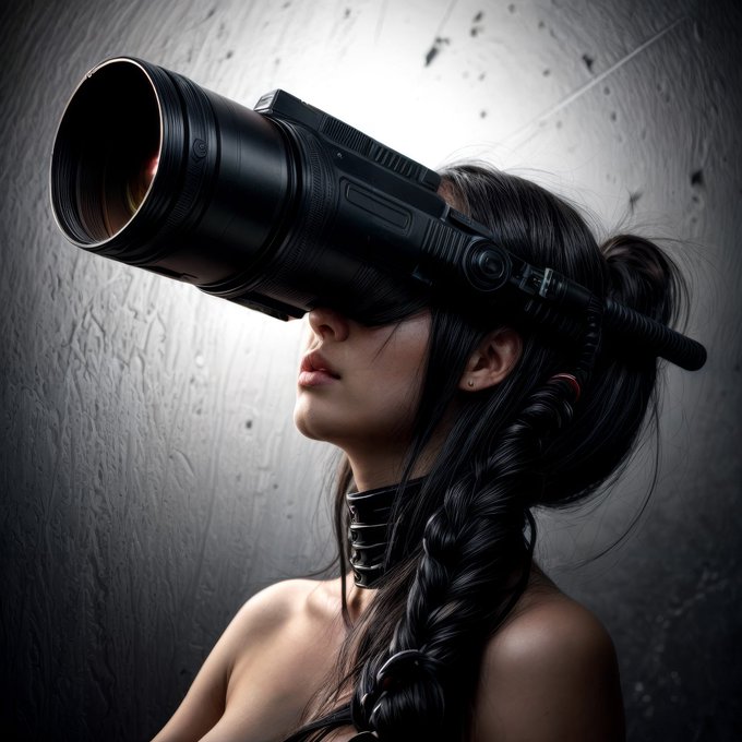 A digital artwork depicts a woman with a long black braid wearing a large mechanical camera lens apparatus over her eyes.