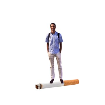 A cutout image of a young man wearing a light blue shirt, backpack, and khakis, standing on top of a giant cigarette against a white background.