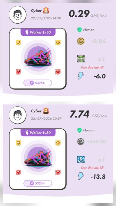 Two app screenshots from a gamified app showing 'Walker Lv30' sneaker NFT cards with earnings of 0.29 GMT/Min and 7.74 GST/Min, displaying 'Your slots are full' messages and negative energy values.