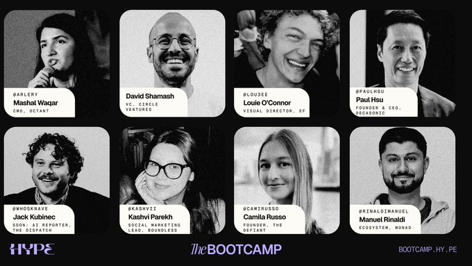 The image is a black-and-white grid of eight headshots featuring speakers for "The BOOTCAMP" (HY.PE), including Mashal Waqar (CMO, Octant), David Shamash (VC, Circle Ventures), Louie O'Connor (Visual Director, Ethereum Foundation), Paul Hsu (Founder & CEO, Decasonic), Jack Kubinec (Prev: The Dispatch), Kashvi Parekh (Social Marketing Lead, Boundless), Camila Russo (Founder, The Defiant), and Manuel Rinaldi (Ecosystem, Monad). The graphic promotes the upcoming bootcamp season and highlights the stacked lineup of guest speakers, matching the accompanying post's announcement of the event's special guests.