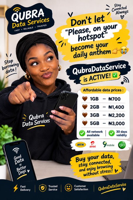 Advertisement for Qubra Data Services featuring a woman in branded apparel, listing affordable data prices (1GB for ₦700 to 5GB for ₦3,000) compatible with MTN, Airtel, 9mobile, and Glo networks.