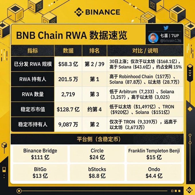 A Binance data infographic showing "BNB Chain RWA 数据速览" (BNB Chain RWA Data Overview) with statistics including $58.3B in RWA scale, 2.0195M holders, 2,719 RWA assets, $128.7B stablecoin market cap, and 90.87M stablecoin holders, ranking compared to Ethereum, Solana, and TRON.