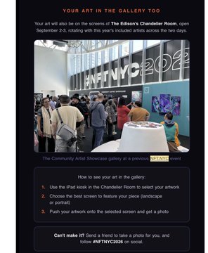 An advertisement for an art gallery at NFT NYC 2020, instructing users to display their artwork on iPads in 'The Edison's Chandelier Room' on September 2-3.