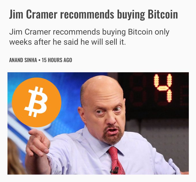 Jim Cramer, featured with the Bitcoin logo, is shown recommending Bitcoin purchases despite having previously stated he would sell it, aligning with the post's "Reverse God" sentiment.