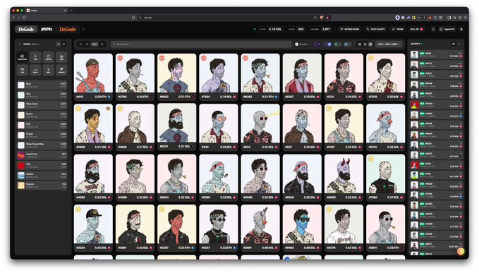 The image shows the deGods deBay marketplace interface displaying a gallery grid of NFT profile pictures with trait-based attributes, illustrating how the deGenerator trait extraction tool feeds into the deBay marketplace as integrated content.