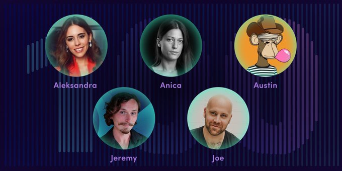 Five circular profile photos labeled Aleksandra, Anica, Austin (a cartoon ape), Jeremy, and Joe arranged on a dark blue background with vertical sound wave graphics.