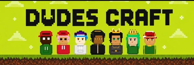 Pixel art banner reading "DUDES CRAFT" in bold black text displays seven diverse character sprites standing on grass against a bright yellow-green sky, promoting a crypto giveaway for 15 guaranteed spots requiring an EVM wallet within an hour.