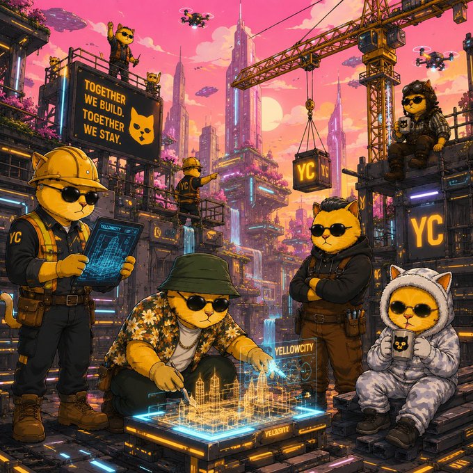 A vibrant digital illustration of cats dressed as construction workers and engineers in a futuristic city, with signs reading 'TOGETHER WE BUILD, TOGETHER WE STAY', 'YELLOWCITY', and 'YC'.