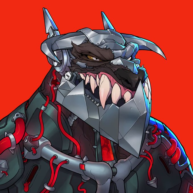 A stylized, animated illustration features a menacing, armored wolf-like creature with metal plates, spikes, and exposed teeth against a solid red background. The character has red wires or tubes running through its green and gray armor.