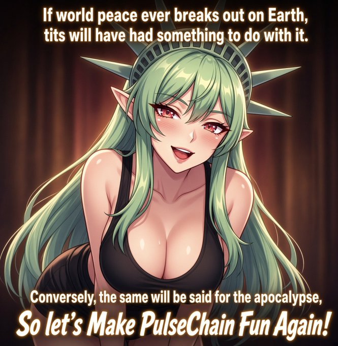 Anime-style illustration of a green-haired elf girl wearing a Statue of Liberty crown and black dress, with text reading: 'If world peace ever breaks out on Earth, tits will have had something to do with it. Conversely, the same will be said for the apocalypse. So let's Make PulseChain Fun Again!'