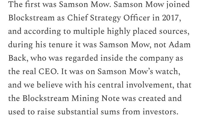 An article excerpt discussing Samson Mow's role at Blockstream, stating he joined as Chief Strategy Officer in 2017 and was regarded as the real CEO, allegedly involved in the Blockstream Mining Note used to raise funds from investors.