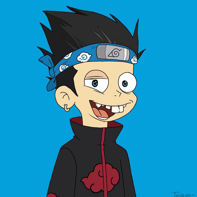 A cartoon illustration of a young boy with spiky black hair wearing a blue headband featuring a leaf symbol, styled in an Akatsuki-inspired black and red cloak with a red cloud emblem.