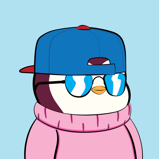 A cartoon penguin wearing a blue backwards cap, blue sunglasses, and a pink sweater on a light blue background.
