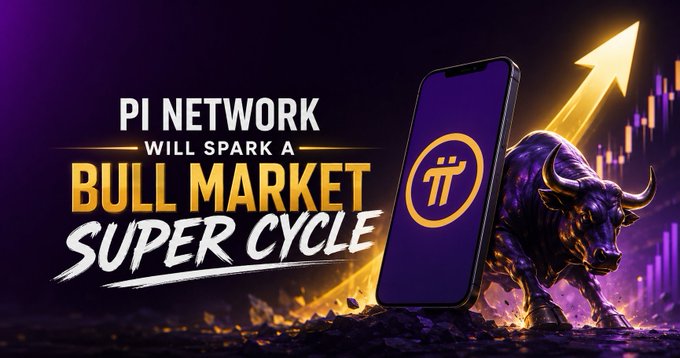 A promotional graphic featuring a smartphone with the Pi Network logo, a bull figure, and text reading 'PI NETWORK WILL SPARK A BULL MARKET SUPER CYCLE.'