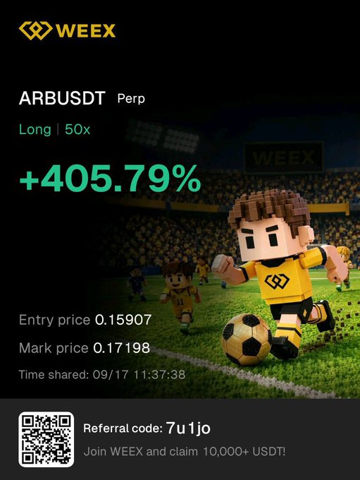 A WEEX cryptocurrency advertisement displays a +405.79% gain on an ARBUSDТ perpetual contract with 50x leverage, showing an entry price of 0.15907 and mark price of 0.17198, along with a referral code '7u1jo'.