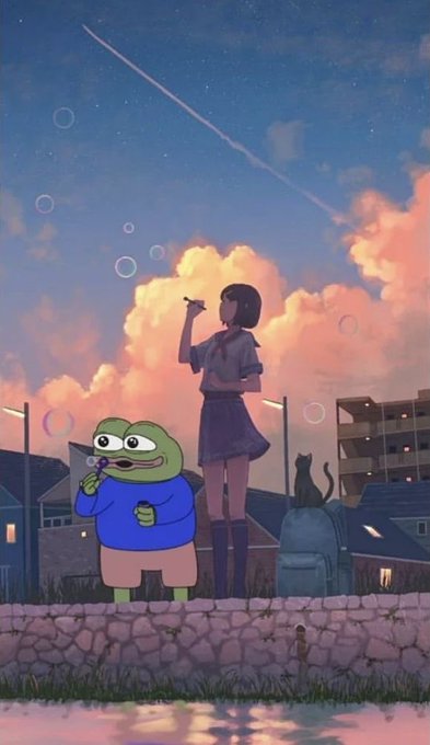 An anime-style illustration shows a girl in a school uniform blowing bubbles into a sunset sky alongside a green frog character holding a bubble wand, with a black cat sitting nearby.