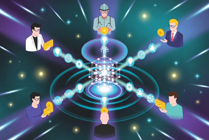 An illustration showing a central glowing blockchain structure connected to various icons like lightbulbs, money, and people, surrounded by cartoon figures including a miner and individuals holding digital currency.