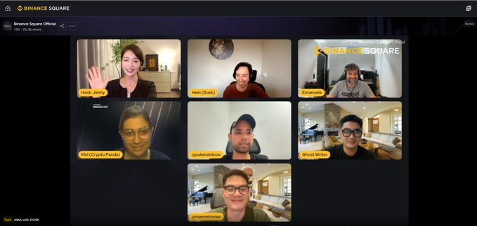 A Binance Square livestream video call featuring multiple participants including 'Host: Jenny', 'Duk', 'Emmanuel', 'Meli (Crypto Panda)', 'stjohannesbow', 'Ghost Writer', and 'jsmarthshow'.