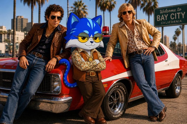 The image features two men posing next to a red car, with one of them wearing sunglasses and a cat head costume. The cat has blue eyes and yellow ears, giving it a unique appearance. The background includes palm trees and a sign that says "Welcome to Bay City". There is also an advertisement for crypto coins in the bottom right corner of the image.