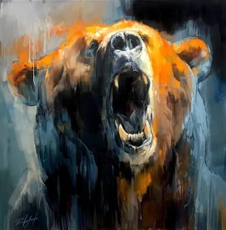 An expressive painting of a roaring bear rendered in orange, brown, and blue tones with a signature in the lower left corner.