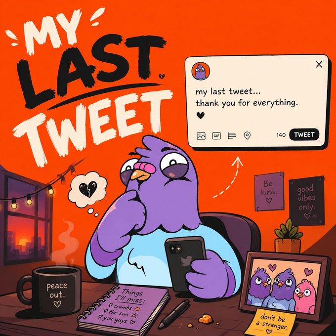 The image features an illustration of a purple bird sitting at a desk with a cell phone in its beak. The bird appears to be contemplating something, possibly a message or a photo from someone named "my last tweet". In the background, there are two more birds and a cup on the desk. The post also mentions that this campaign is about raising awareness for a 3,000 USDC campaign called "Rally", which encourages people to share their thoughts on social media using the hashtag #RallyOnChain. This campaign aims to raise awareness of various issues such as mental health, domestic violence, and more.