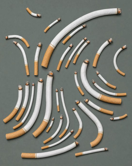 A composition of numerous discarded cigarette butts arranged in curved, arc-like patterns against a solid gray background.