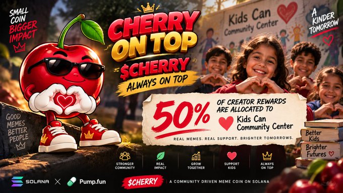 Promotional banner for 'CHERRY ON TOP' ($CHERRY) meme coin on Solana via Pump.fun, featuring a cherry character wearing sunglasses and claiming 50% of creator rewards go to the Kids Can Community Center.