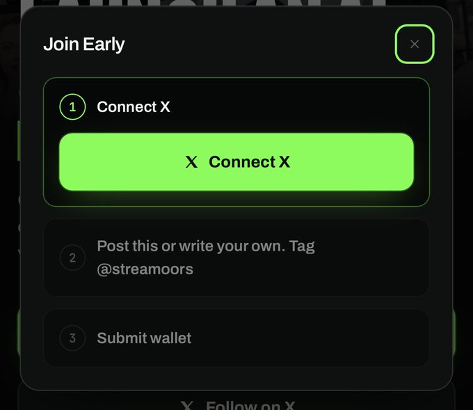 A "Join Early" prompt displays a three-step process: 1) Connect X, 2) Post tagging @streamoors, and 3) Submit wallet, illustrating the early participation steps for the Streamoors web3 project mentioned in the post.
