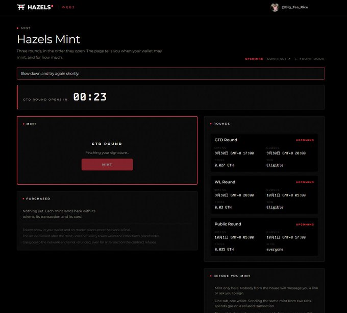 A webpage titled 'Hazels Mint' by @Big_Tea_Rice featuring a countdown timer '00:23' and pricing details of 0.027 ETH, 0.03 ETH, and 0.035 ETH across GTD, WL, and Public rounds.