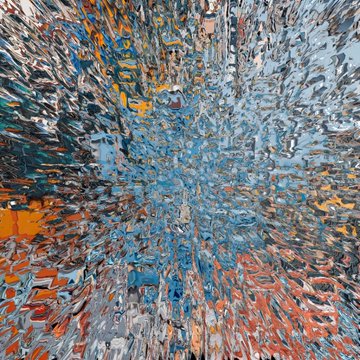 The image features a painting with an abstract design, which appears to be a blend of blue, orange, and white colors. The artwork has a chaotic appearance due to its random brushstrokes and splatters, giving it a unique and eye-catching look. The painting is displayed on the wall in a gallery setting, drawing attention to itself as the main focus of the room.