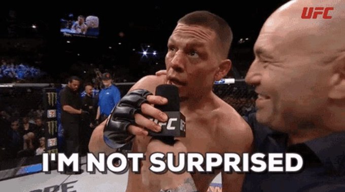 UFC fighter Nate Diaz in the octagon wearing a glove and speaking into a UFC microphone, with the caption 'I'M NOT SURPRISED' displayed in white text.