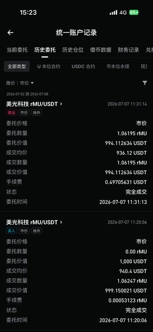 The image shows a trading app's unified account record page displaying two completed sell orders for tokenized US stock "美光科技 rMU/USDT" (Micron Technology rMU/USDT) on July 2, 2026, with the first order selling 994.112634 rMU at 936.12 USDT and the second selling 999.150021 rMU at 940.4 USDT, both marked as successfully filled ("完全成交"). This directly supports the post by providing concrete evidence that tokenized US stocks like rMU can indeed be traded just like regular stocks on this platform, with clear buy/sell execution, market prices, quantities, and fees functioning identically to traditional stock trading.