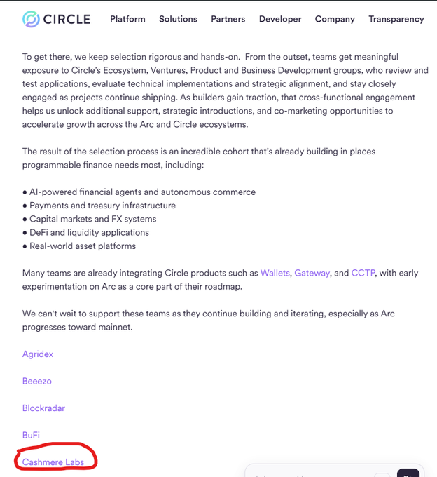 The screenshot displays a Circle blog post listing cohort companies including "Cashmere Labs" (circled in red), which connects to the post's speculation that Cashmere Labs' involvement with Circle's Arc mainnet could lead to developments for GOAT STREET.