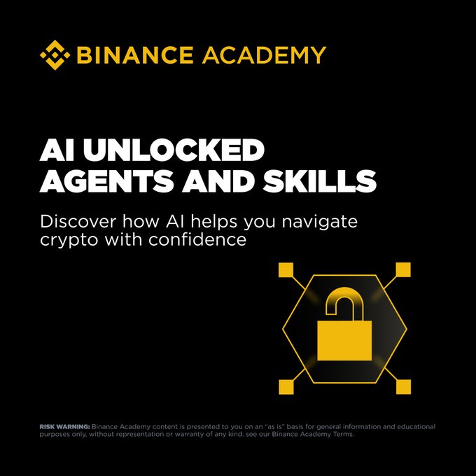 A Binance Academy promotional graphic titled "AI UNLOCKED AGENTS AND SKILLS" with the tagline "Discover how AI helps you navigate crypto with confidence," featuring a yellow padlock icon inside a hexagon, promoting a free course on using autonomous AI agents in Web3 safely without coding.
