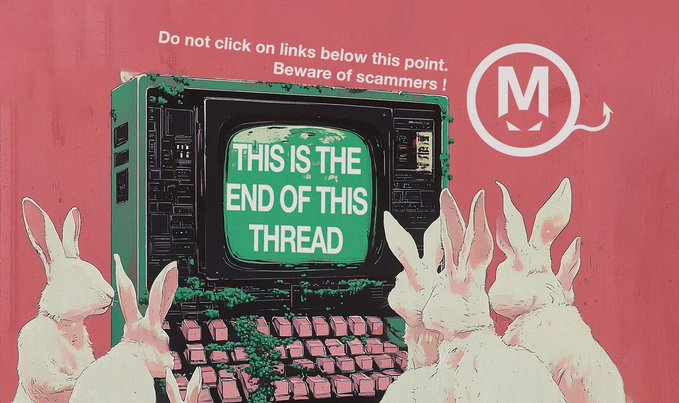 The image features a cartoon depiction of a group of rabbits gathered around a computer monitor displaying a message that reads "This is the end of this thread." The rabbits are positioned behind the monitor, with one rabbit standing out from the rest by having its head turned towards the viewer. The overall scene suggests an artistic or humorous take on the concept of online privacy and the dangers of sharing personal information on social media platforms.