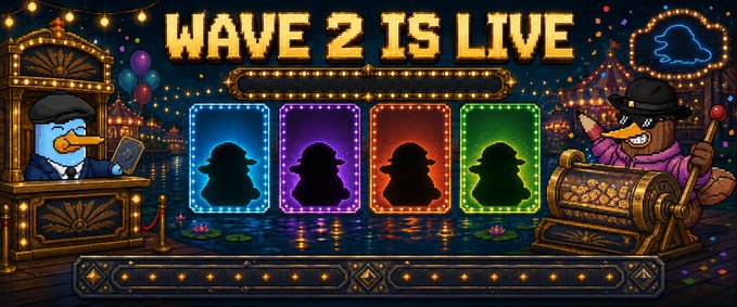 A pixel-art promotional banner for a game announces 'WAVE 2 IS LIVE' and shows four silhouetted character portraits in colored frames, flanked by two duck characters.