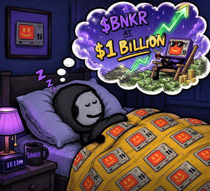 A cartoon illustration of a hooded figure sleeping in bed under a blanket covered with TV icons, dreaming of '$BNKR AT $1 BILLION' with a chart and a TV-headed figure sitting on a pile of money.