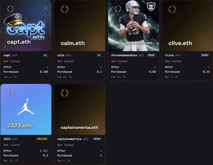 A screenshot of an ENS (Ethereum Name Service) marketplace showing domains for sale including capt.eth, calm.eth, fernandomendoza.eth (Raiders QB), clive.eth, 2323.eth (Jordan), and captainamerica.eth, with prices in ETH.