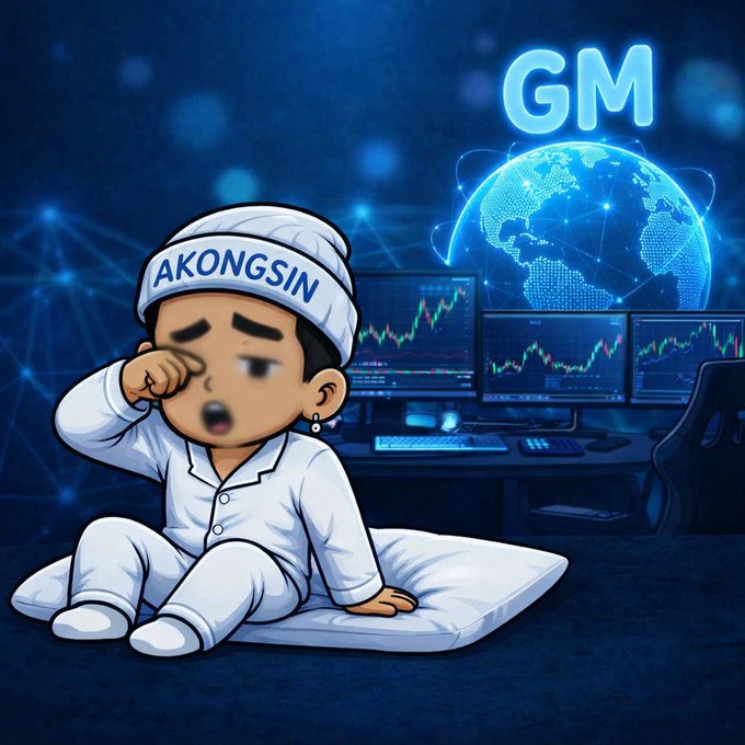 Cartoon chibi character wearing pajamas and a nightcap labeled 'AKONGSIN' wiping his eye, sitting on a pillow in front of trading monitors with 'GM' text and a blue digital globe background.
