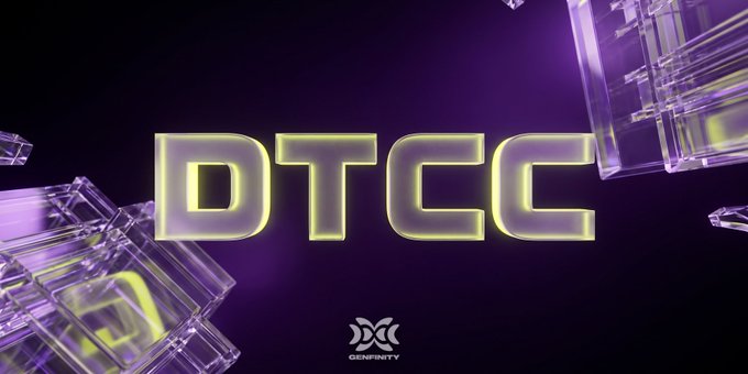 The image displays the bold "DTCC" acronym in glowing yellow lettering against a dark purple background, flanked by translucent crystal-like cubes, with the "GENINFINITY" logo beneath. This visual accompanies news of DTCC's milestone live tokenized trades, where the modern, digital aesthetic of the graphic reflects the innovative, blockchain-based nature of the production trades involving tokenized stocks, ETFs, and U.S. Treasuries.