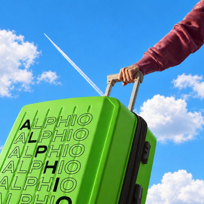 A hand extends a bright green suitcase labeled "ALPHIO" against a backdrop of clouds and a jet trail crossing the blue sky.