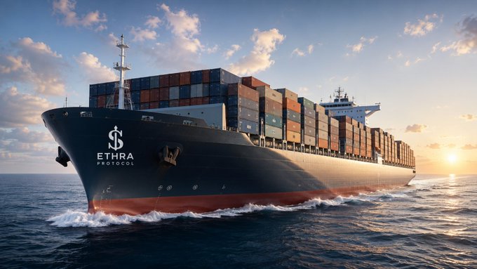 A massive container ship emblazoned with the "ETHRA PROTOCOL" logo sails across the open sea at sunset, visually embodying the project's mission to bring blockchain technology to real-world maritime shipping. The ship's impressive cargo load symbolizes the substantial industry that Ethra aims to improve through its Sea Verity information protocol.