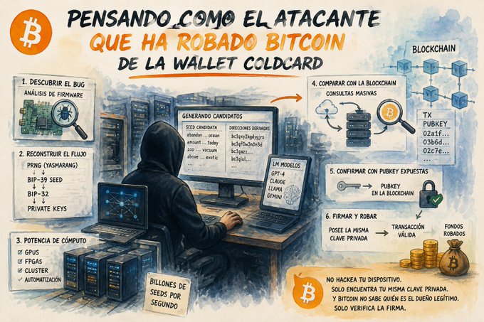 A Spanish-language infographic titled 'PENSANDO COMO EL ATACANTE QUE HA ROBADO BITCOIN DE LA WALLET COLDCARD' illustrating the thought process of a Bitcoin thief, showing steps like discovering firmware bugs, reconstructing PRNG seeds, computing power (GPUs/FPGAs), comparing with blockchain, confirming with public keys, and forging signatures to steal funds.