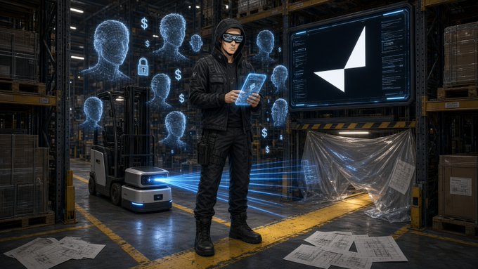 A digital artwork depicting a hooded hacker in dark clothing holding a glowing tablet in a warehouse setting, surrounded by floating blue holographic heads, dollar signs, and a large screen displaying an Ethereum logo.