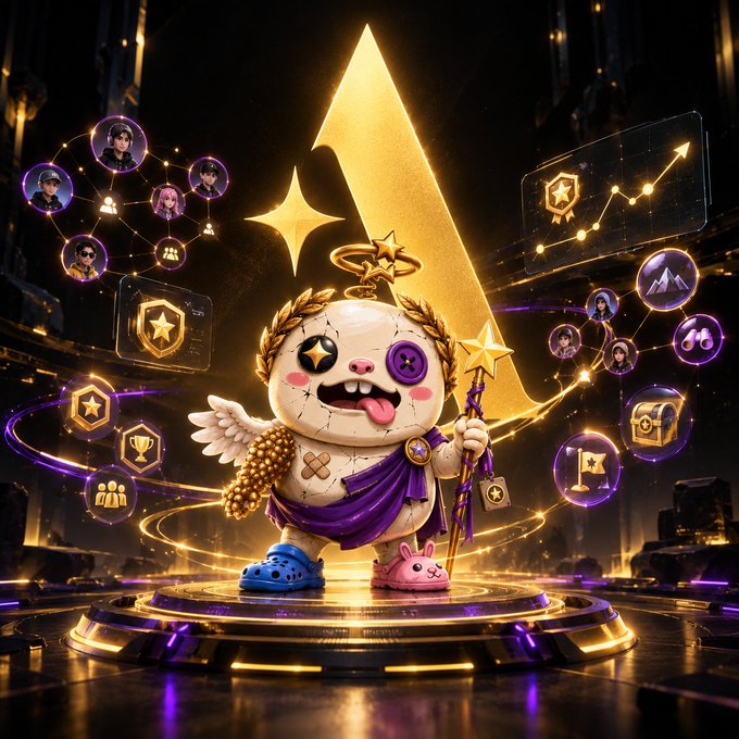 A vibrant 3D illustration of a stitched, plush-like figure with button eyes, a halo, angel wings, and mismatched slippers, standing on a glowing pedestal surrounded by floating achievement icons, avatars, and a large golden star.