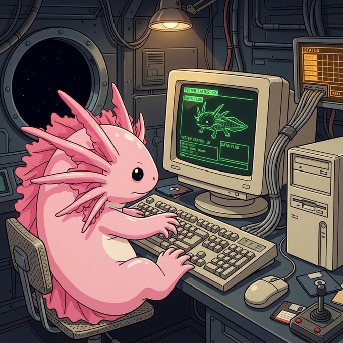 A pink axolotl with feathery gills types at a retro computer terminal inside a spaceship or technical bay, with the screen displaying "SYSTEM STATUS: OK," "DATA FLOW," and a wireframe axolotl graphic—visually echoing the post's praise of @axol_io ($RAXOL) by depicting the mascot itself as a developer actively building tech across multiple chains.