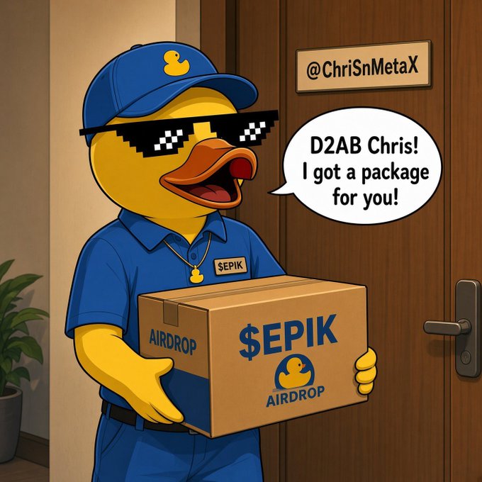 A cartoon duck delivery character wearing pixelated sunglasses and a blue uniform, holding a box labeled "$EPIK AIRDROP" with the handle @ChriSnMetaX on a door.