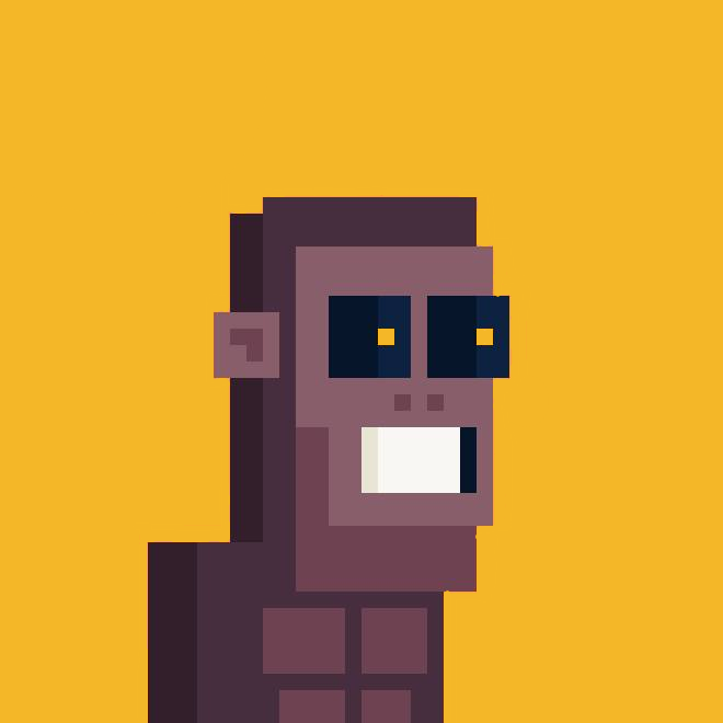 A pixel art character resembling a dark brown monkey or ape is shown with wide eyes featuring yellow pupils and an open, square mouth against a solid yellow background.
