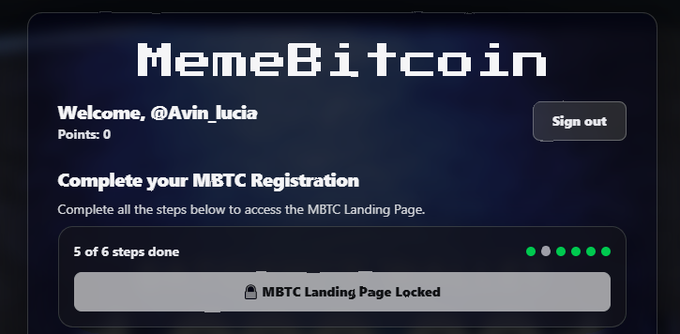 MemeBitcoin dashboard for user @Avin_lucia showing 0 points, with progress indicator at 5 of 6 steps done and the MBTC Landing Page currently locked.