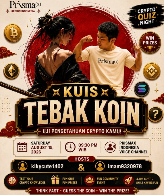 A promotional poster for a 'KUIS TEBAK KOIN' Crypto Quiz Night hosted by 'kikycute1402 & imam9320978' on Saturday August 15, 2026, featuring anime-style and photo graphics with Prisma(x) branding.